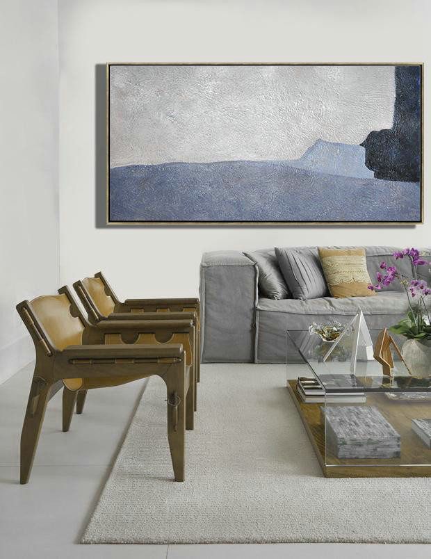 Oversized Canvas Art On Canvas,Hand Painted Panoramic Contemporary Art Canvas Painting,Colorful Wall Art,Grey,Black,Light Blue.etc